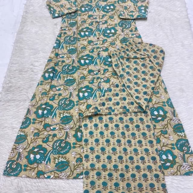 Beige, Teal, Brown, and White Kurta and Pants Set