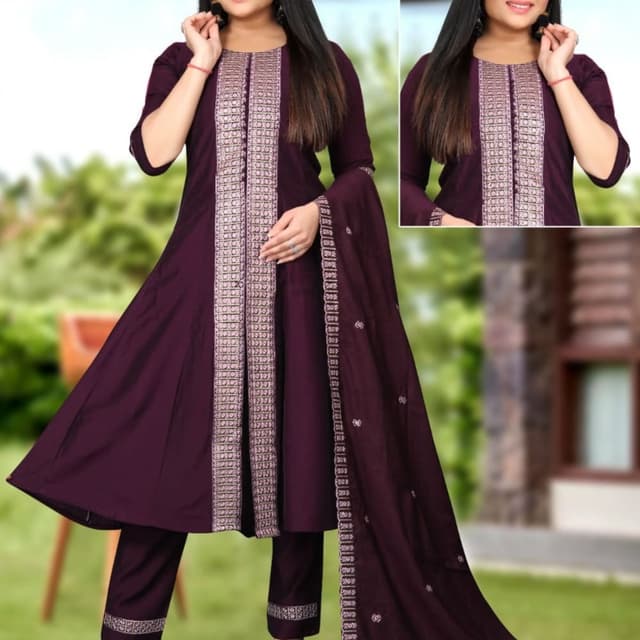 Deep Plum and Silver/Off-White Salwar Kameez Suit