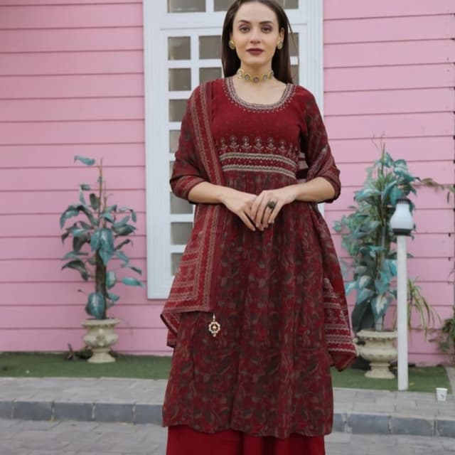 Maroon, Brown, Beige Anarkali Suit Set