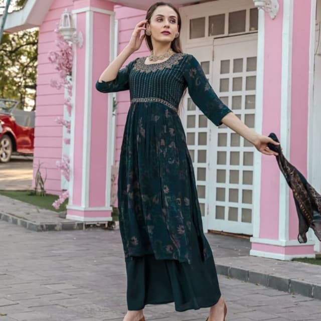 Teal, Brown, Gold Kurta with Palazzo and Dupatta