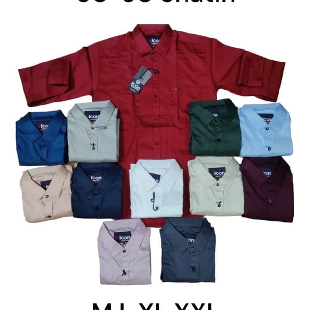 Various solid colors including red, navy blue, light blue, beige, dark green, off-white, and dark purple. Shirt