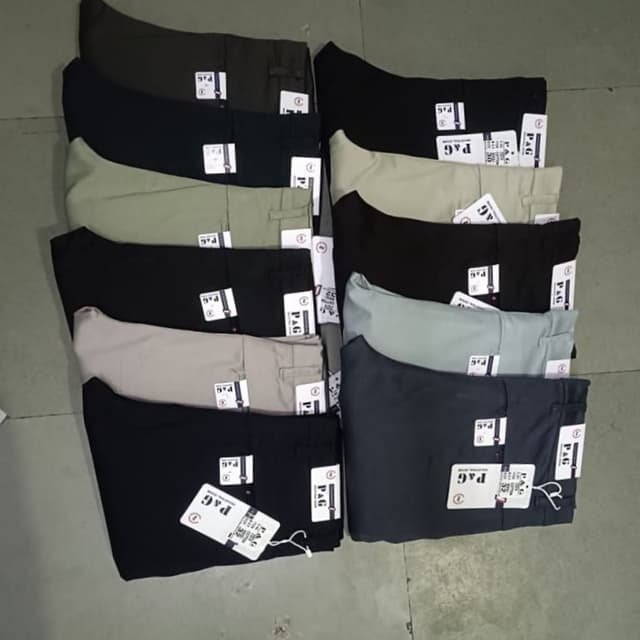 Various shades including black, navy, gray, beige, and olive green Trousers