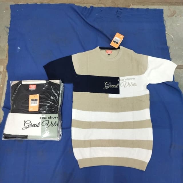 Beige, Navy Blue, White, and Black T-Shirt