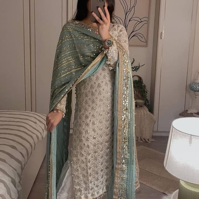 Ivory, Seafoam Green, Gold Salwar Kameez with Dupatta