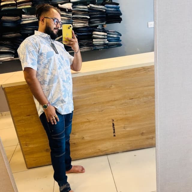 Blue, White, and Dark Blue Shirt and Jeans