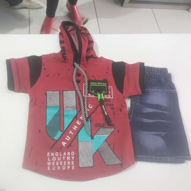 Red, Blue, Black, White, and Teal Hoodie T-Shirt and Shorts Set