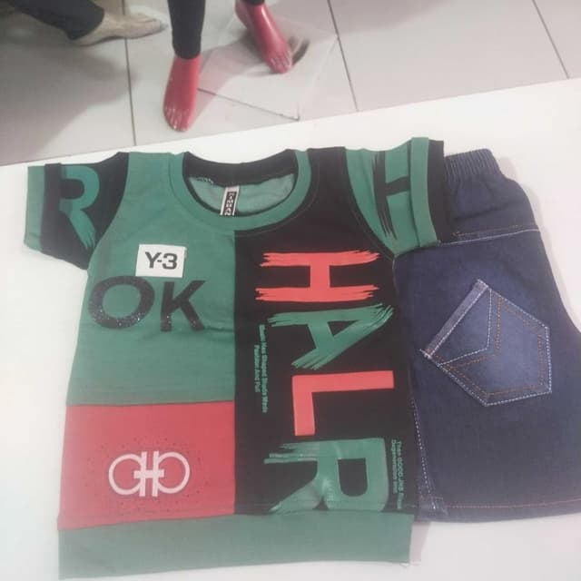 Green, Black, Red, and Blue T-shirt and shorts set