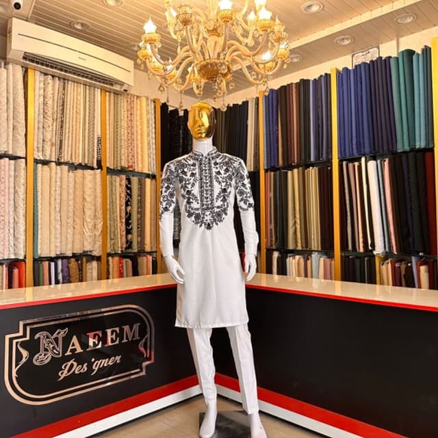 White and Black Kurta and Trousers