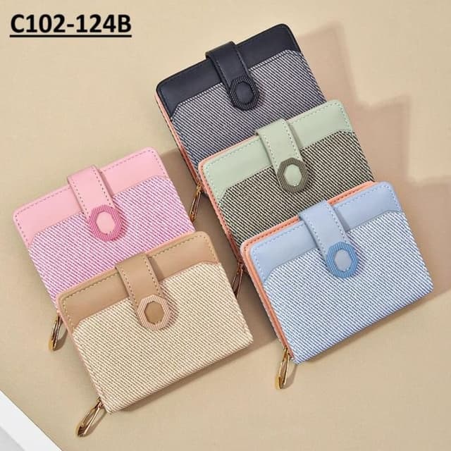Various pastel colors including pink, beige, black, light green, and light blue, combined with neutral tones. Wallet