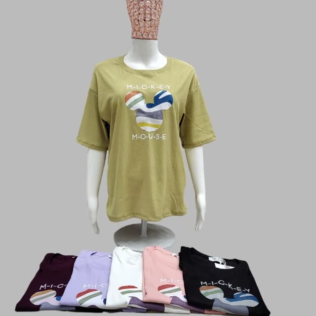 Various, including olive green, purple, lavender, white, pink, and black T-shirt