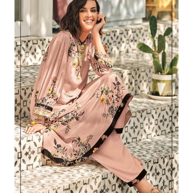 Pale Pink, Black, Yellow, Green Kurta with Trousers