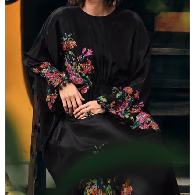 Black with multicolored floral embroidery (red, pink, blue, green, yellow) Dress/Kaftan