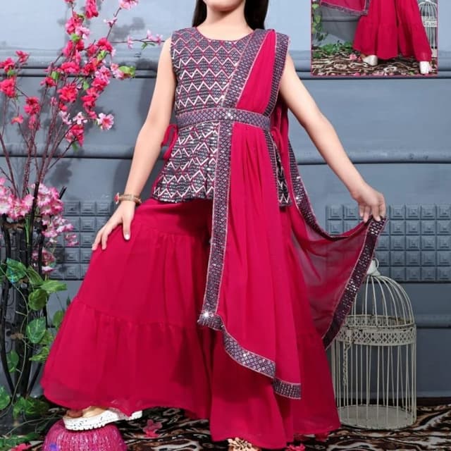 Magenta, Silver, Charcoal Sharara Suit