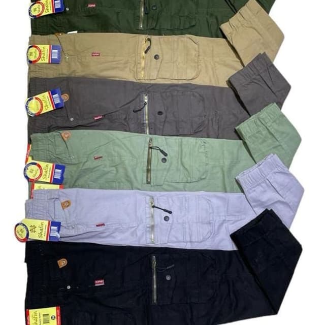 Various shades including Olive Green, Khaki, Charcoal, Sage Green, Lavender, and Black. Cargo Pants