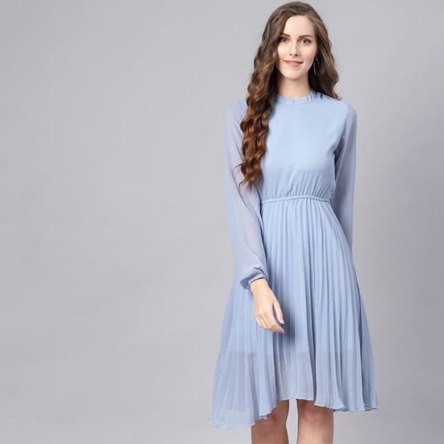 Blue Mandrain Collar Pleated Skater Dress