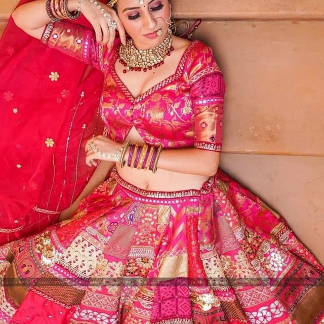 Pink, Gold, Red Lehenga Choli