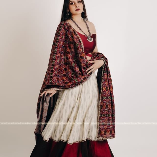 Red, White, Black, Brown, and Multi-colored pattern Lehenga Choli with Shawl