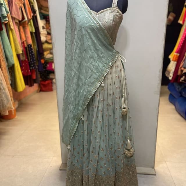 Seafoam green, Beige, and Gold Lehenga Choli