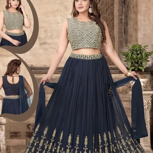 Navy Blue and Gold Lehenga Choli