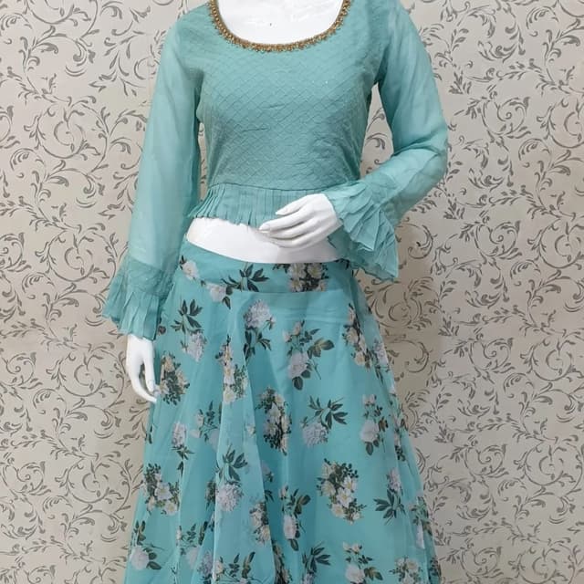 Turquoise and White Lehenga Choli