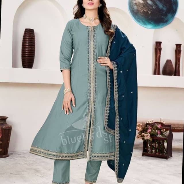 Teal, Navy Blue, and Gold Salwar Suit