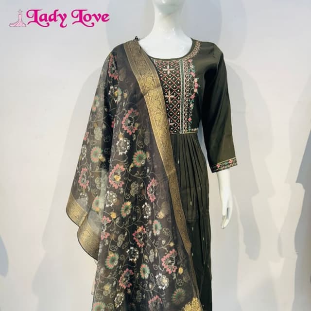 Olive Green, Black, Gold, Pink, and White Salwar Kameez