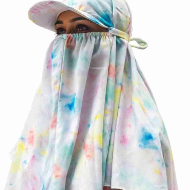 Pastel shades of blue, pink, yellow, and green on a white base. Sun Protection Veil and Cap