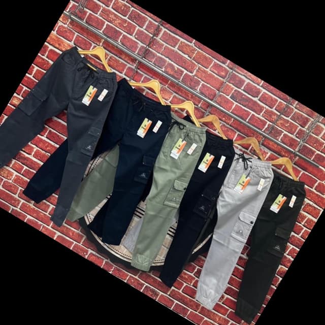 Variety of colors including black, gray, navy, olive green. Cargo Pants