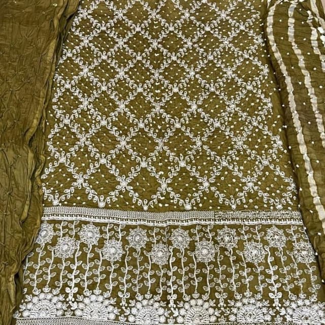 Olive green and white Salwar Kameez Set