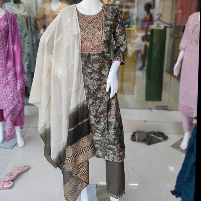 Olive green, black, cream, and touches of peach and gold Salwar Kameez Suit with Dupatta