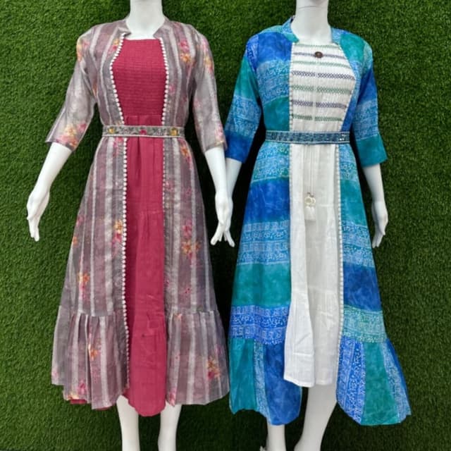 Shades of pink, grey, blue, and white Dress with Jacket