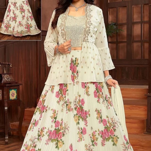 Ivory, Pink, Green, Yellow Lehenga Choli with Jacket