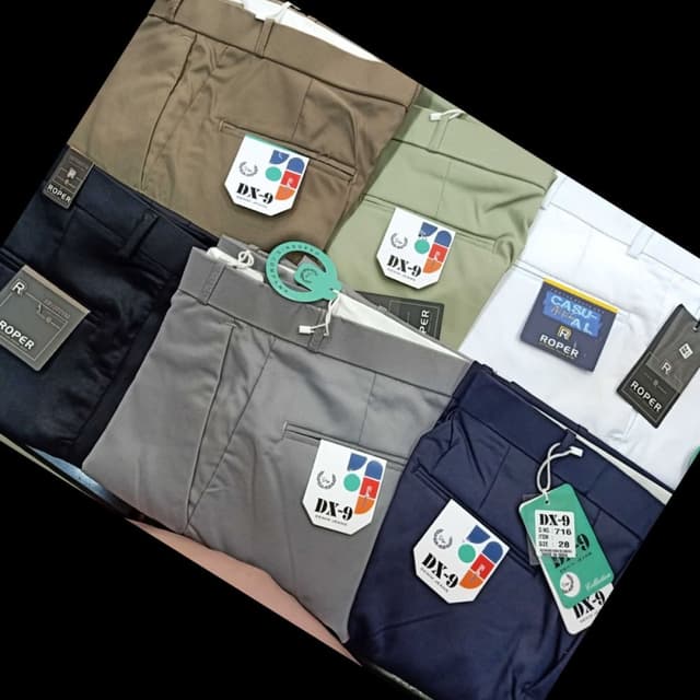 Variety of solid colors including navy, grey, khaki, olive, and white. Trousers/Chinos