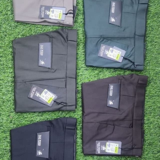 Various shades including grey, green, brown, and black. Trousers