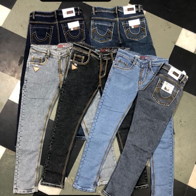 Various shades of blue, gray, and black. Jeans