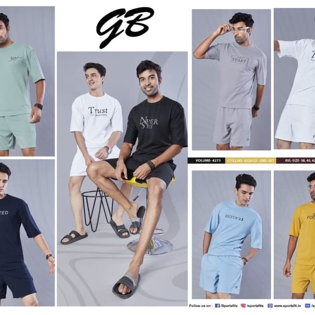 Various solid colors including mint green, white, black, grey, navy blue, light blue, and yellow. Co-ord Set (T-shirt and Shorts)