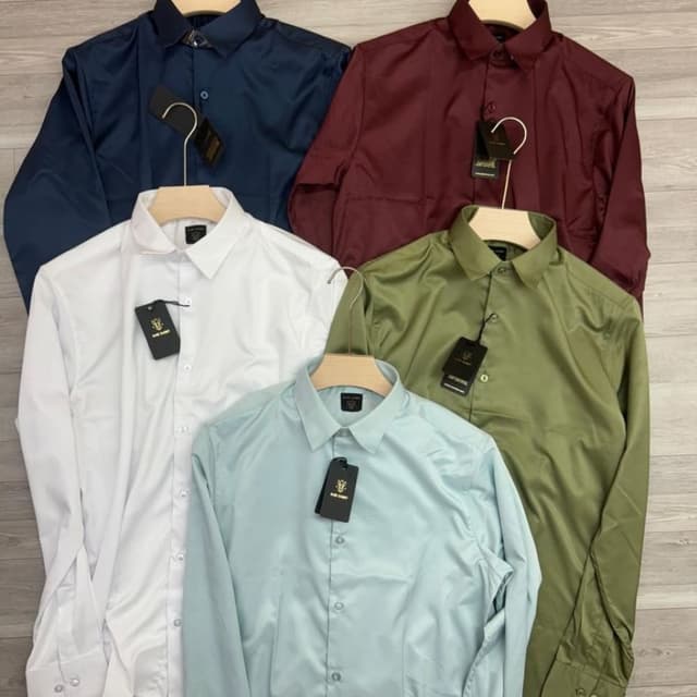 Solid colors: White, Navy Blue, Burgundy, Olive Green, and Light Blue. Shirt