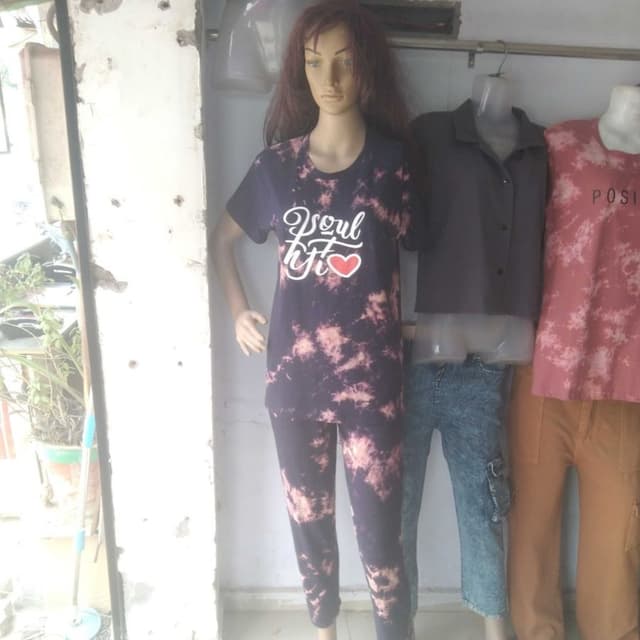Navy blue and light peach T-shirt and pants set