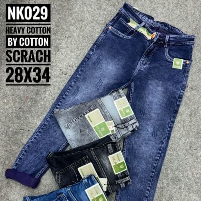Various shades of blue, gray and black. Jeans