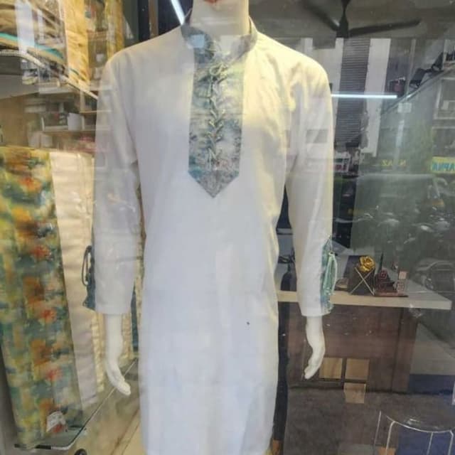 White, with accents of Blue, Green, and Gray Kurta