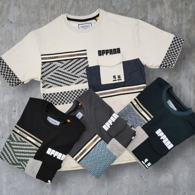 Various - Primarily black, dark green, gray, and off-white, with accent colors like tan and teal T-shirt