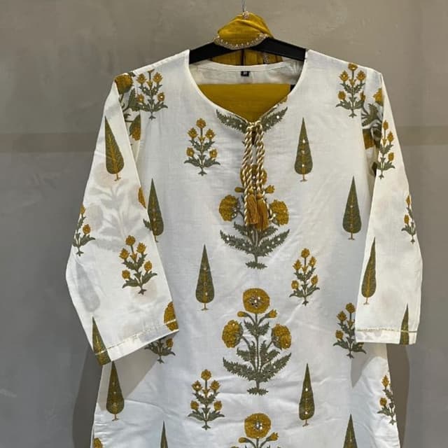 White, Mustard Yellow, Olive Green Kurta Set