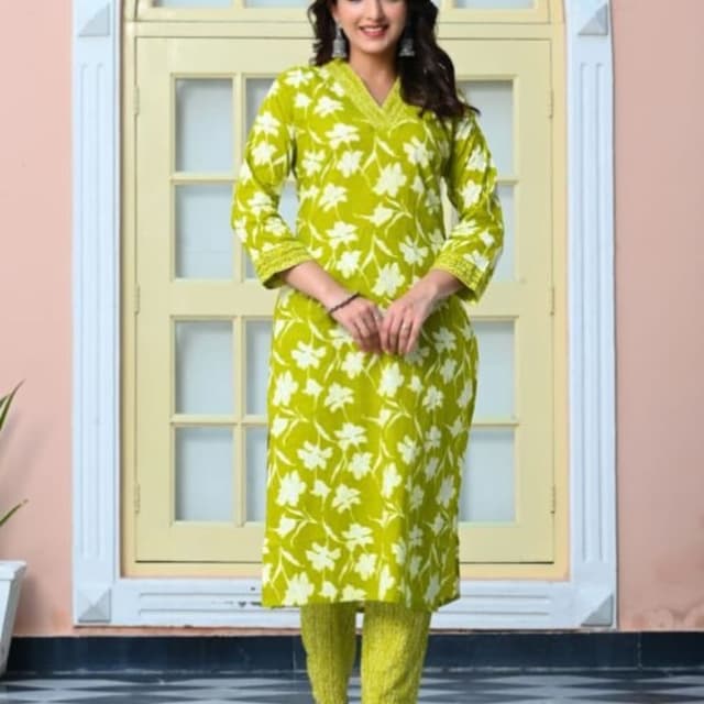Lime green and white Kurta with pants