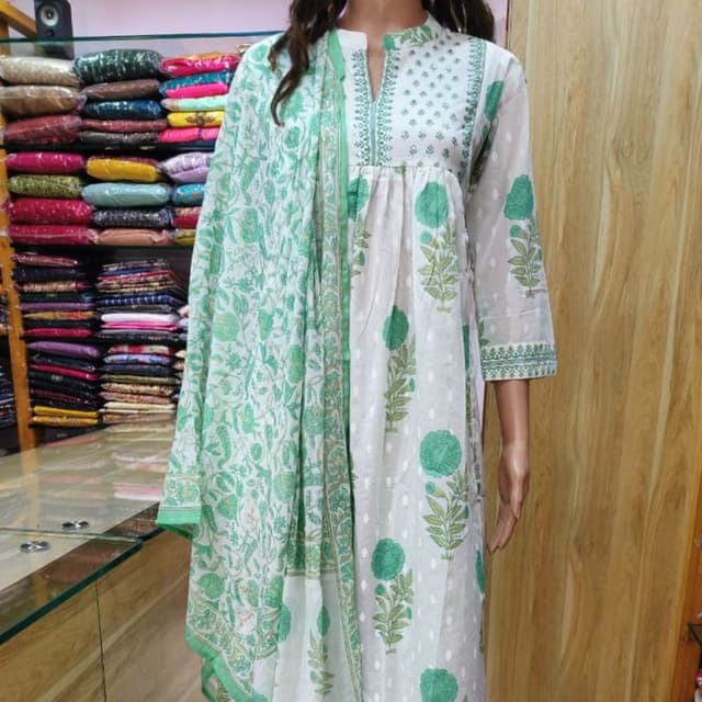 White and Green Kurta with Dupatta
