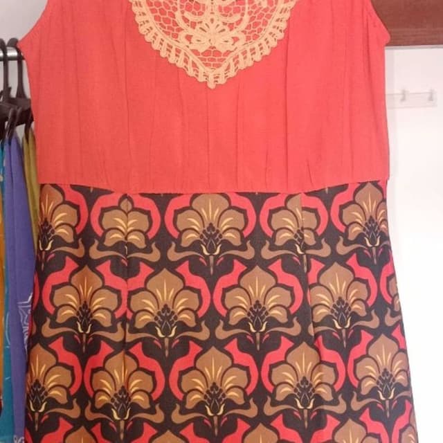 Coral red, Brown, Black, and Beige Dress