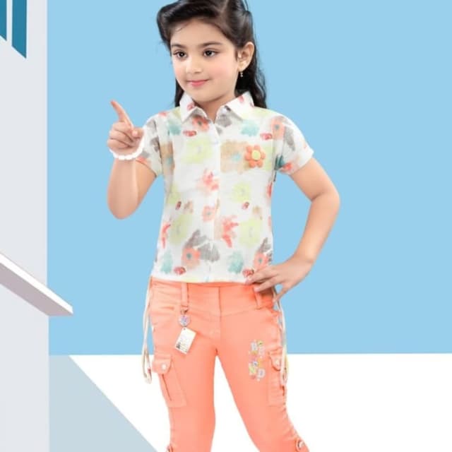 Peach and floral print shirt with peach pants. Top and Pants Set