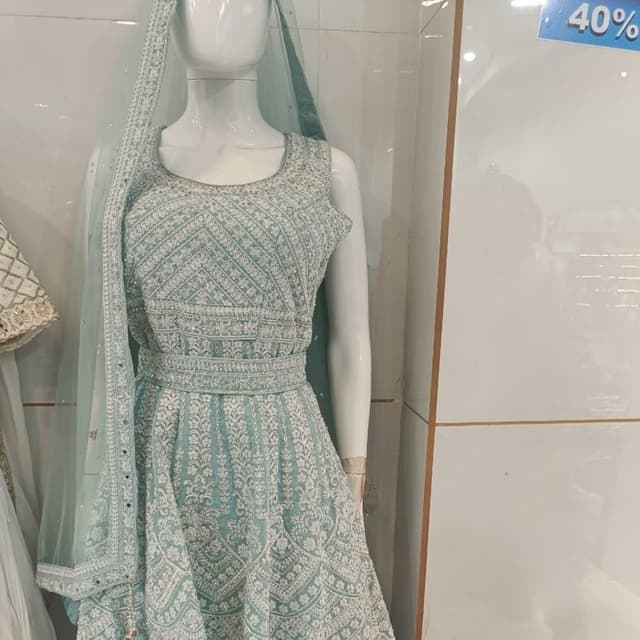 Seafoam green and white Anarkali Suit with Dupatta