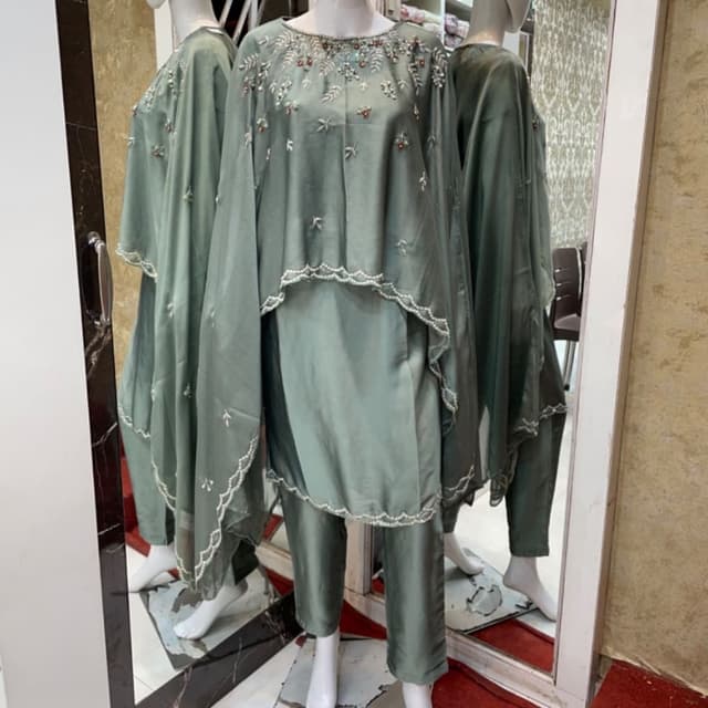 Sage green with white and red accents Kurta with pants and cape