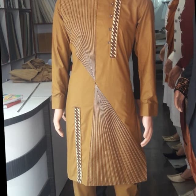 Mustard yellow, brown and white accents Kurta and Pants