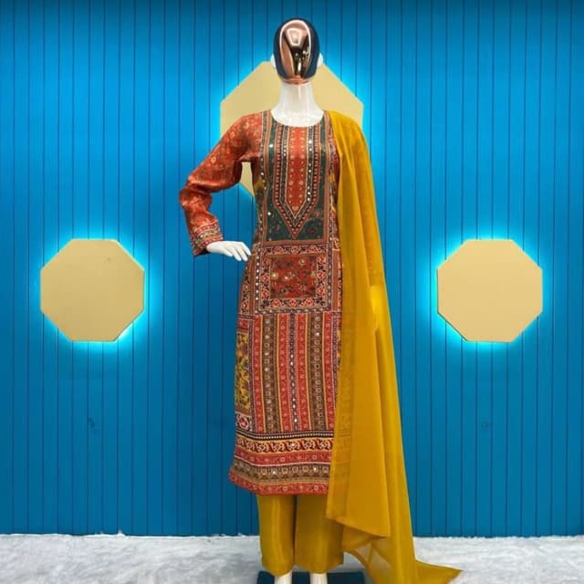 Red, Yellow, Green, and Brown Salwar Kameez Suit